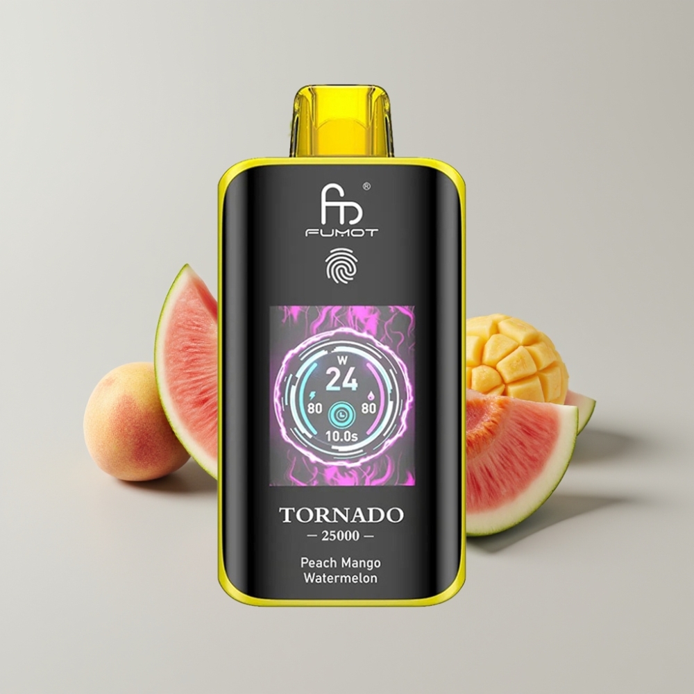 Fumot Tornado 25000 Puffs con Pantalla HD, Batería Recargable 700mAh, Sabor Durazno Mango Sandía