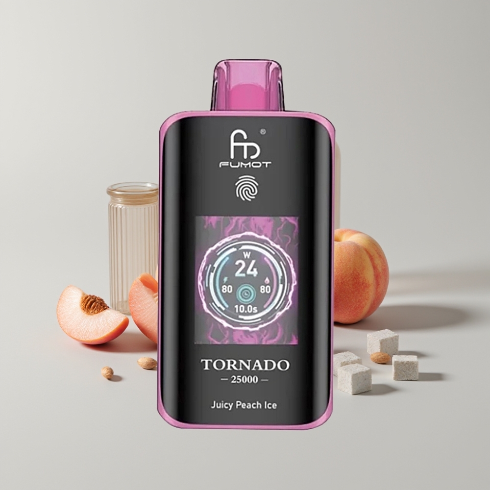 Fumot Tornado 25000 Puffs con Pantalla HD, Batería Recargable 700mAh y Sabor Durazno Jugoso Helado